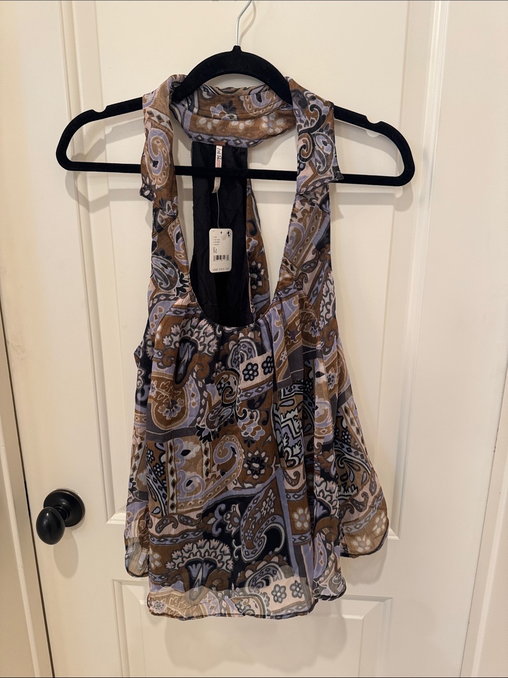 Free People Sleeveless Paisley Halter Blouse in Brown and Gray boho concert flow